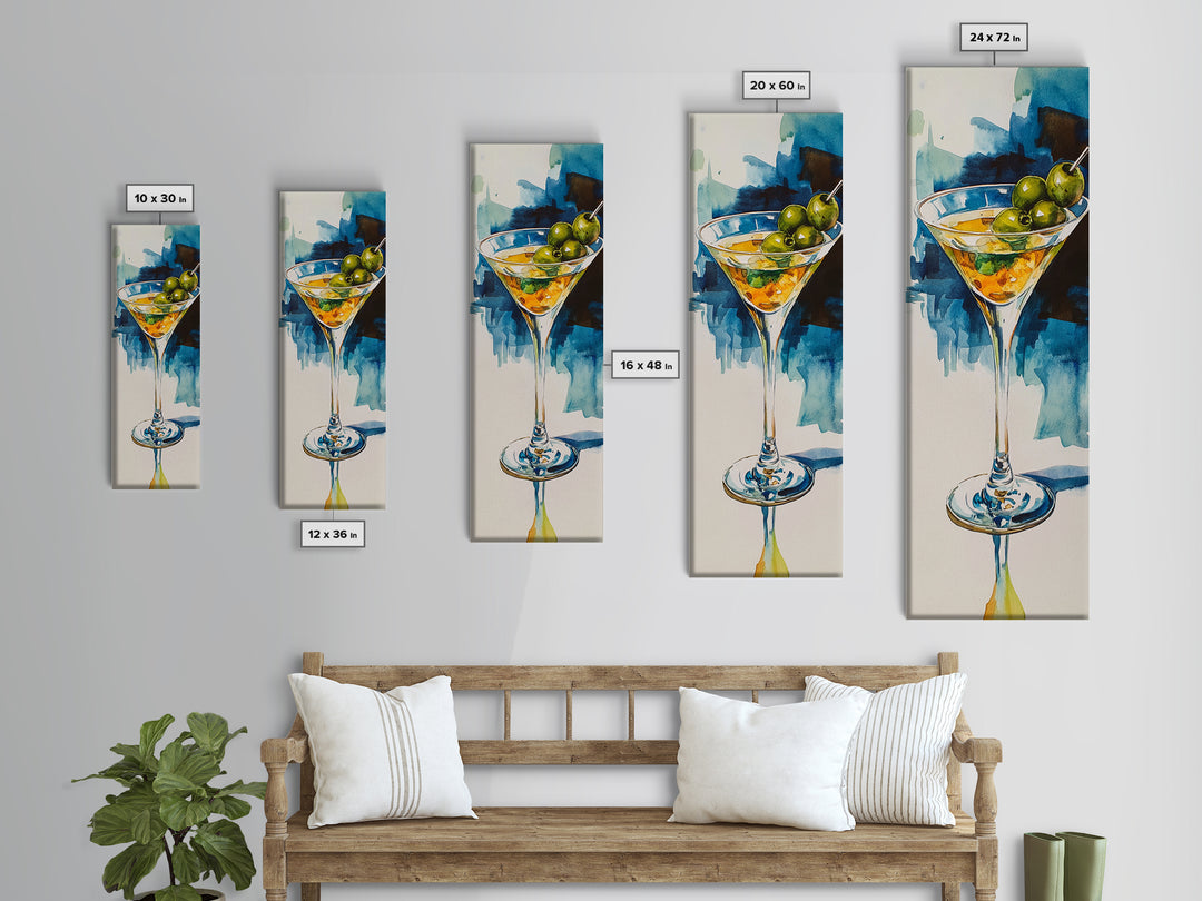 Martini Glass with Bold Blues, Watercolor Cocktail Art, Moody Martini Wall Art Canvas Print, Espresso Martini Wall Art, Modern Decor