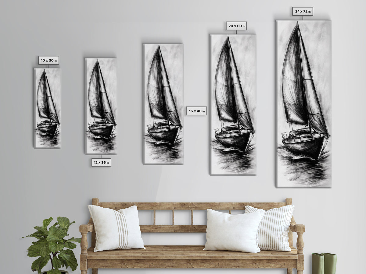 Charcoal Sketch of a Sailboat, Framed Canvas Print, Nautical Decorl Nautical Wall Art, Sailboat Painting, Sail Boat Art, Tall Skinny Wall Art