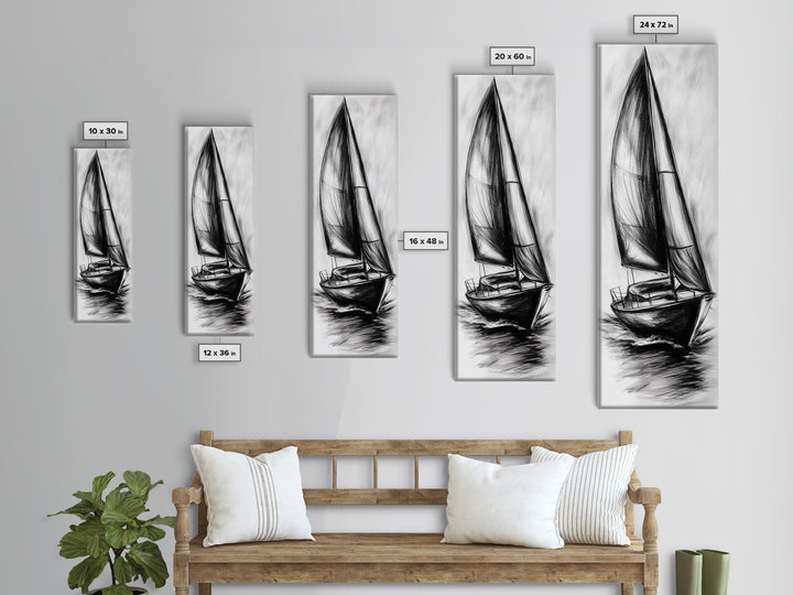 Charcoal Sketch of a Sailboat, Framed Canvas Print, Nautical Decorl Nautical Wall Art, Sailboat Painting, Sail Boat Art, Tall Skinny Wall Art
