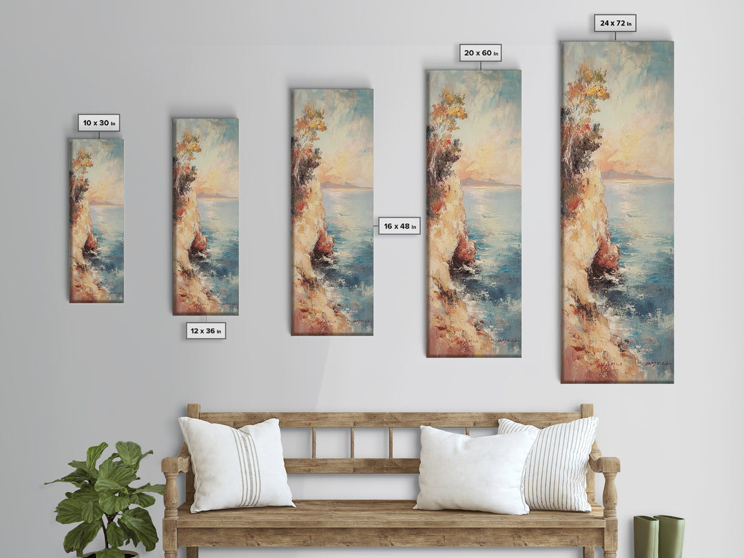 Nautical Landscape Painting Print, Framed Canvas, Beautiful Sunset Over The Coast, Coastal Decor, Tall Narrow Art, Skinny Wall Art