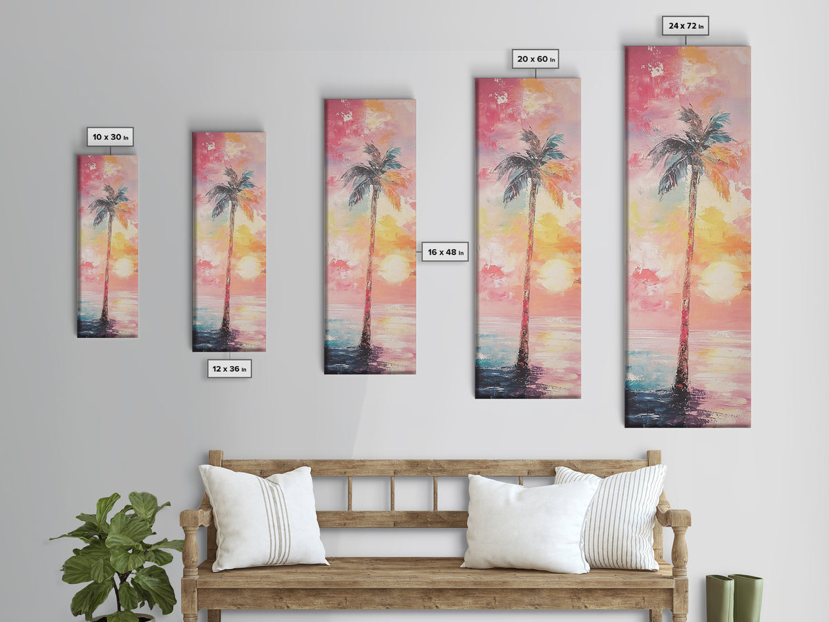 Palm Tree at Sunset Framed Canvas Print, Coastal Oil Painting, Coastal Decor, Tall Narrow Art, Accent Piece Wall Art, Coastal Landscape Art