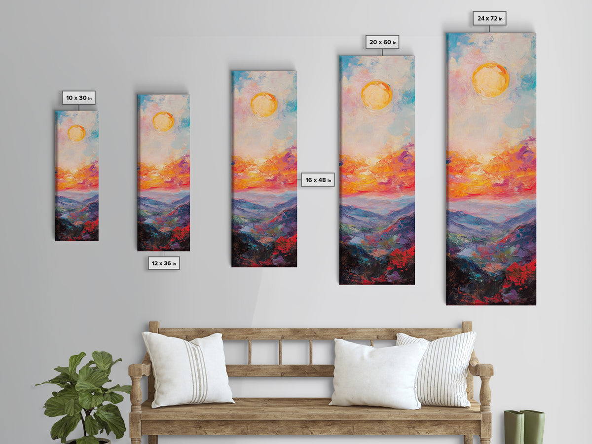 Abstract Oil Painting Print of a Sunset Over The mountains - framed canvas - ready to hang - tall narrow wall art - skinny accent piece wall art