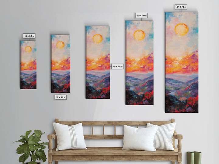 Abstract Oil Painting Print of a Sunset Over The mountains - framed canvas - ready to hang - tall narrow wall art - skinny accent piece wall art