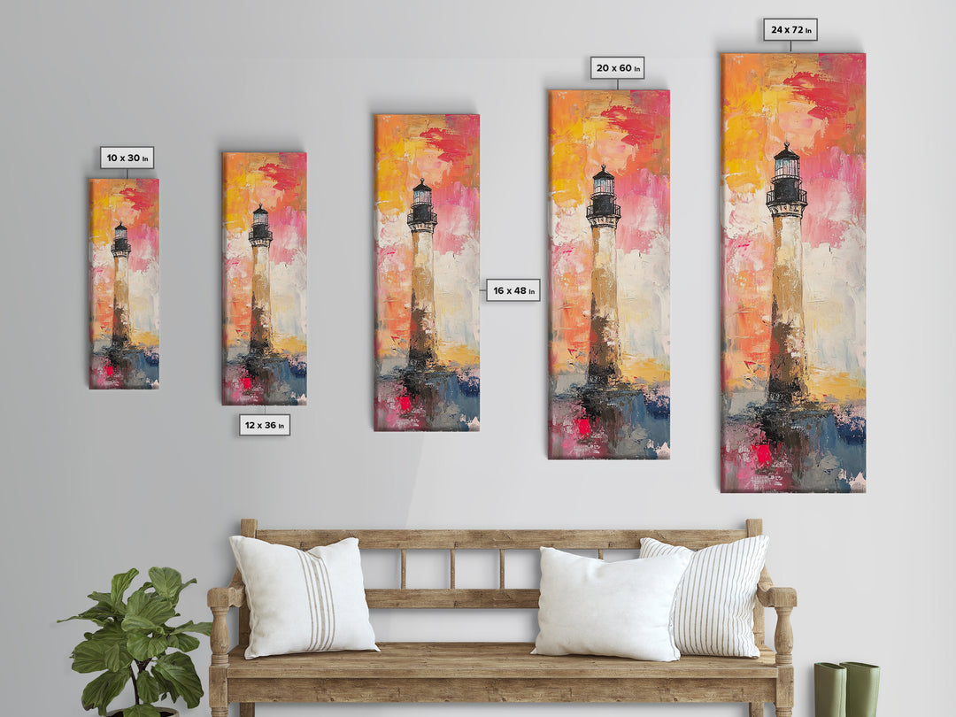 Canvas Print of Vibrant Lighthouse Painting with Nautical Decor, Coastal Wall Art, Bright Sunset, Above Couch Art, Tall Skinny Art, Seascape Painting, Gift Idea