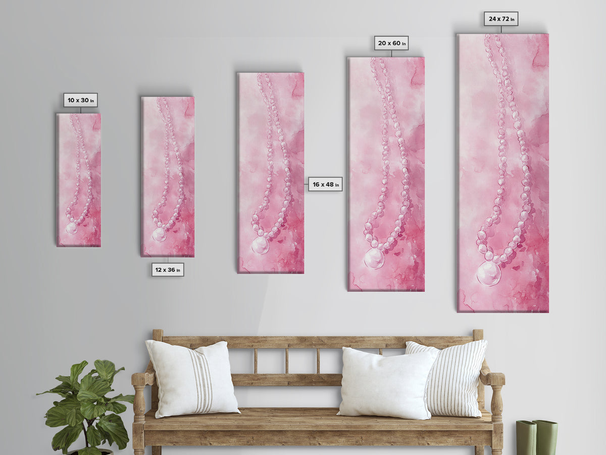 Elegant Pearl Necklace Canvas Print Whimsical Art Long Narrow Wall Art Pink Abstract Art Gift Idea Decorative Jewelry Painting Vertical