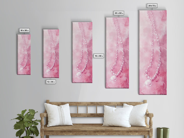 Elegant Pearl Necklace Canvas Print Whimsical Art Long Narrow Wall Art Pink Abstract Art Gift Idea Decorative Jewelry Painting Vertical