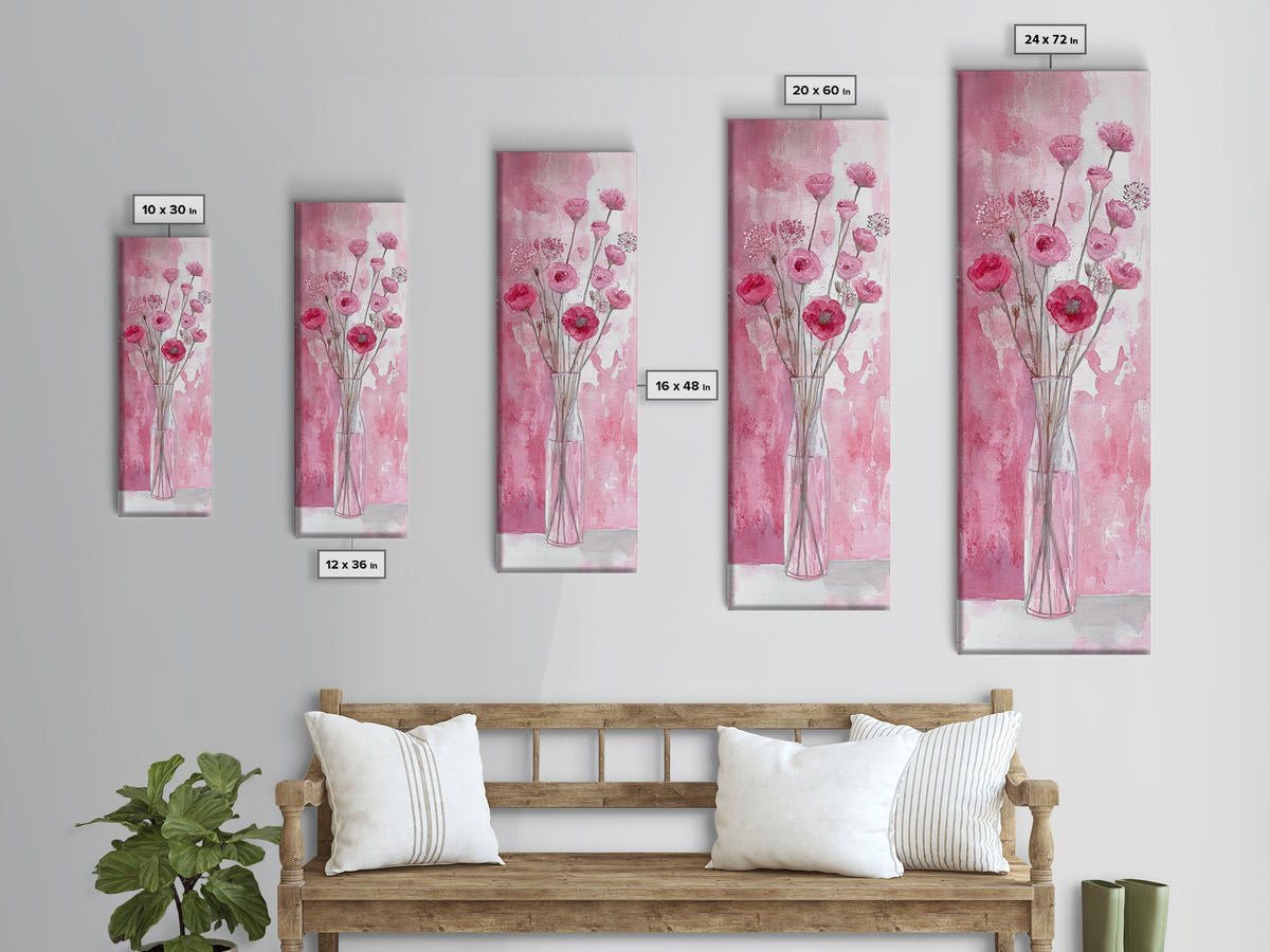 Wildflower Bouquet Framed Canvas Print Pink Poppy Painting Tall Skinny Art Living Room Above Sofa Rustic Guest Room Floral Wall Art