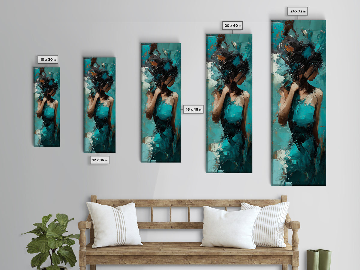 Moody Woman Framed Canvas Print in Teal, Dark Romance Painting, Moody Art, Living Room Art, Gift Idea, Vertical Wall Art