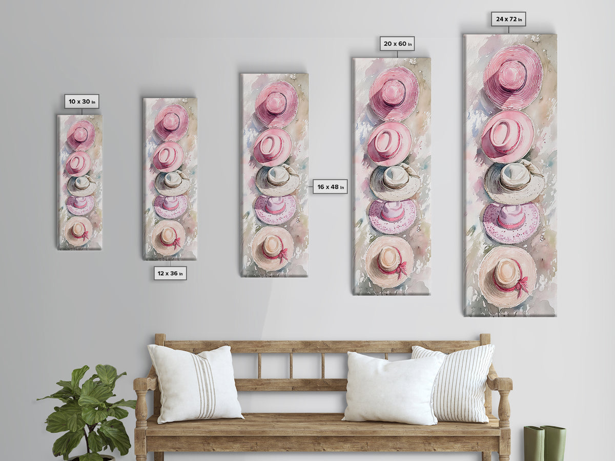 Summer Hats Canvas Print, coastal cowgirl wall art with pastel pink and beige hat patterns, rustic vertical wall art for living spaces.