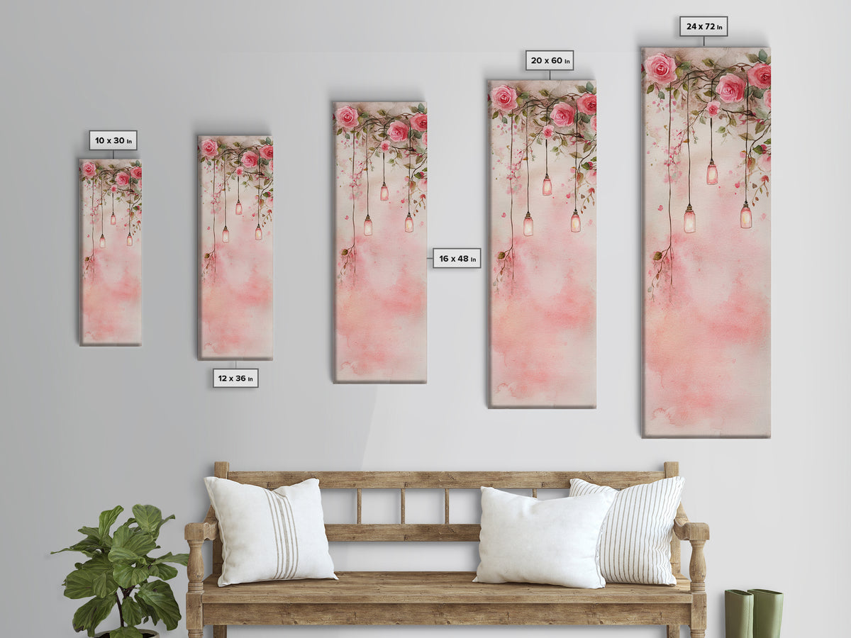 Rose Lantern Canvas Print, romantic floral and hanging lanterns painting with soft pink tones, whimsical boho wall art for bedroom decor.