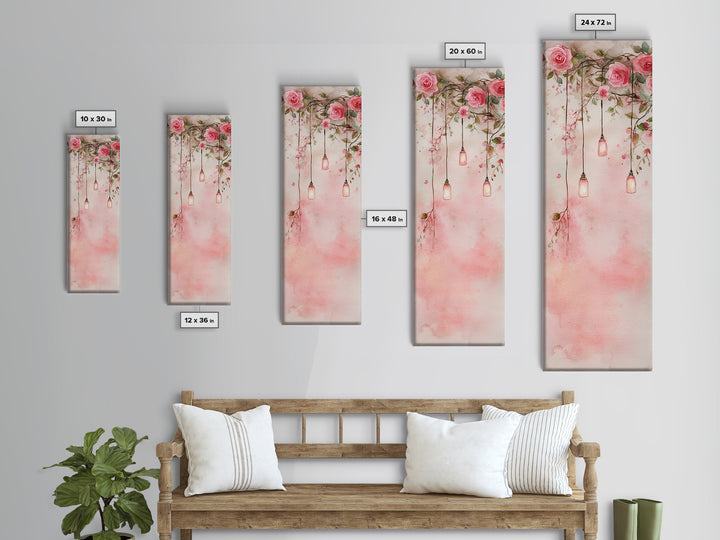 Rose Lantern Canvas Print, romantic floral and hanging lanterns painting with soft pink tones, whimsical boho wall art for bedroom decor.