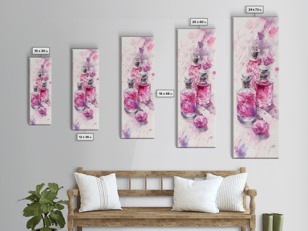 Perfume Bottles Canvas Print - Elegant Pink Abstract Art, Feminine Glass Bottles Artwork, Gift Idea for Her, Bedroom Wall Decor