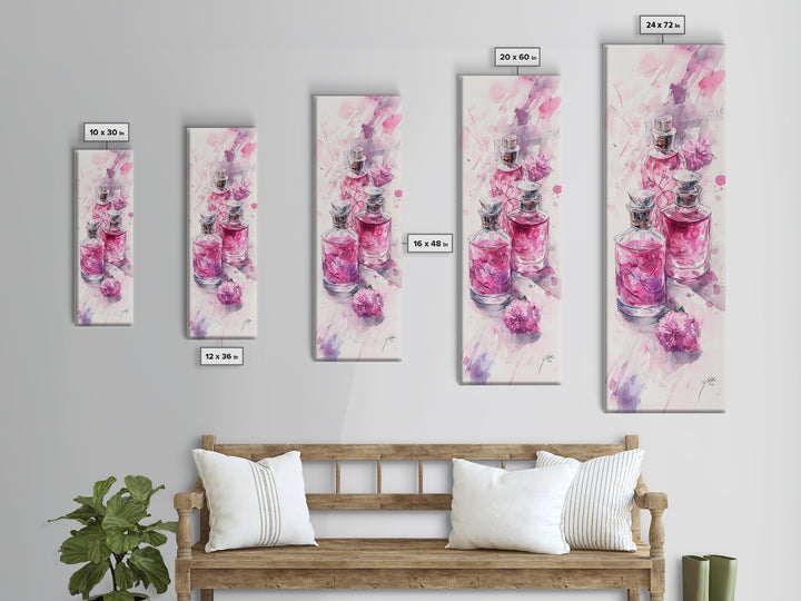 Perfume Bottles Canvas Print - Elegant Pink Abstract Art, Feminine Glass Bottles Artwork, Gift Idea for Her, Bedroom Wall Decor