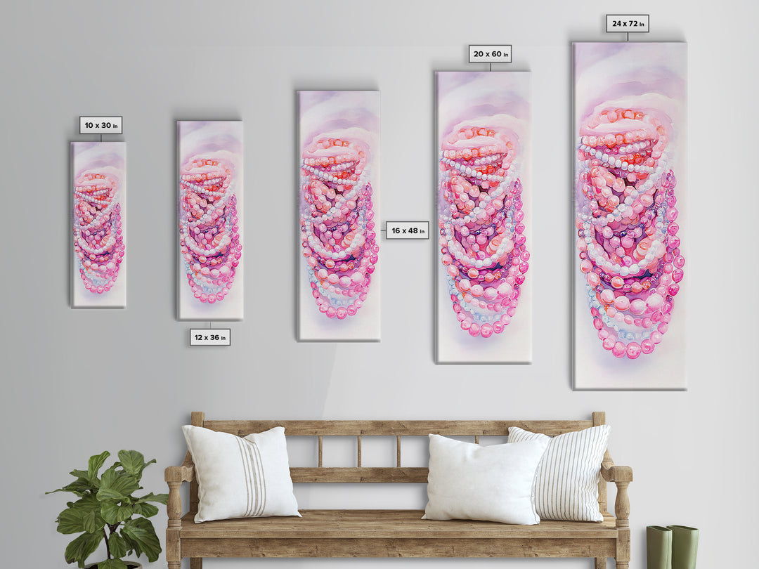 Pastel Beads Canvas Print - Whimsical Tall Narrow Art, Pink Pearl Inspired Jewelry Painting, Vertical Art for Boho Bedroom