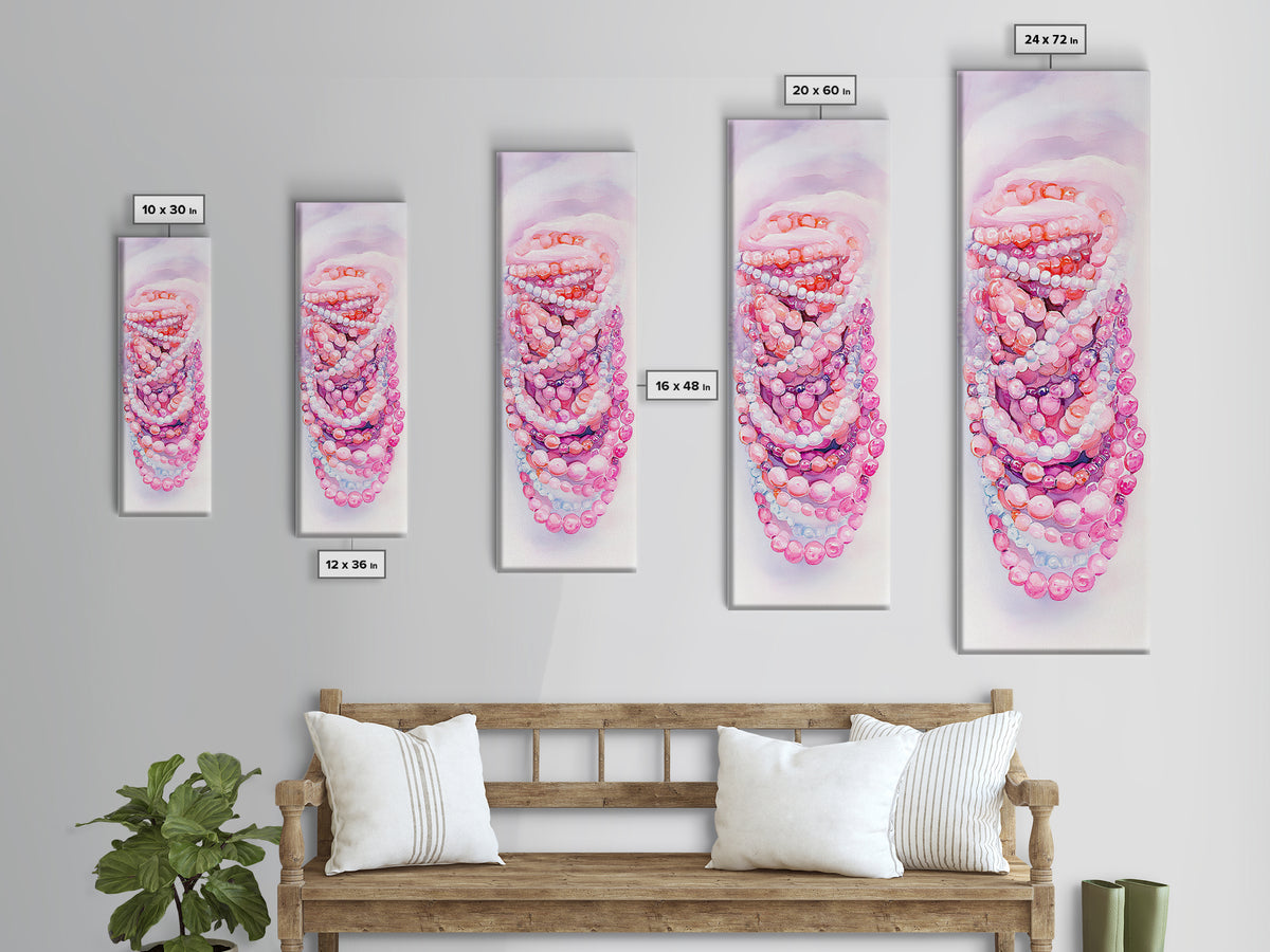 Pastel Beads Canvas Print - Whimsical Tall Narrow Art, Pink Pearl Inspired Jewelry Painting, Vertical Art for Boho Bedroom