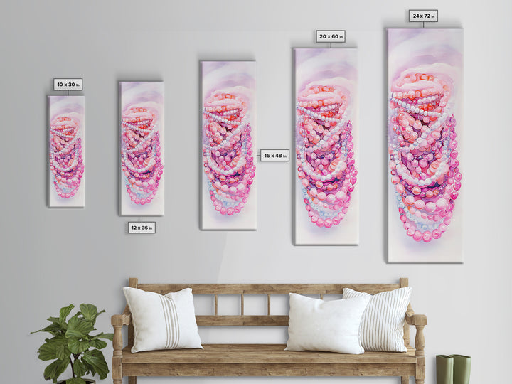 Pastel Beads Canvas Print - Whimsical Tall Narrow Art, Pink Pearl Inspired Jewelry Painting, Vertical Art for Boho Bedroom