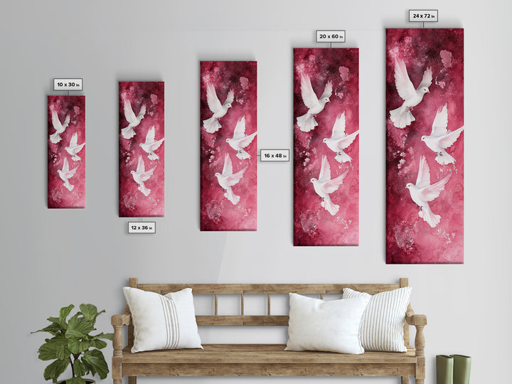 White Doves Canvas Print - Angel Art Prints on Burgundy Background, Symbolic Bird Art, Light Pink Abstract Vertical Wall Decor