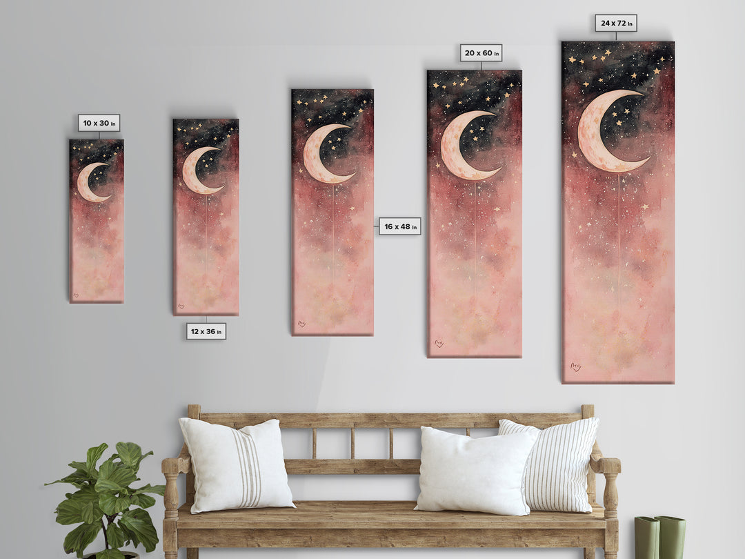 Crescent Moon Canvas Print Starry Night Pink Abstract Vertical Wall Art Zen Room Decor Dreamy Boho Gift Idea