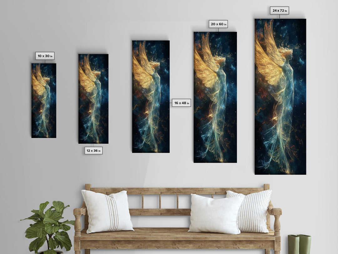 Angelic Wings Canvas Print with Golden Lights, Angel Art Prints, Vertical Wall Art, Bedroom Art, Gift Idea, Boho Art