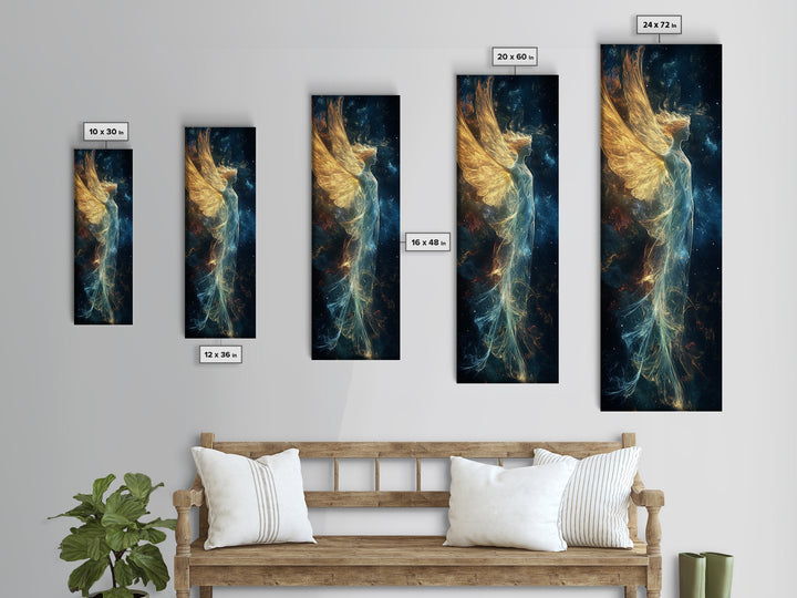 Angelic Wings Canvas Print with Golden Lights, Angel Art Prints, Vertical Wall Art, Bedroom Art, Gift Idea, Boho Art