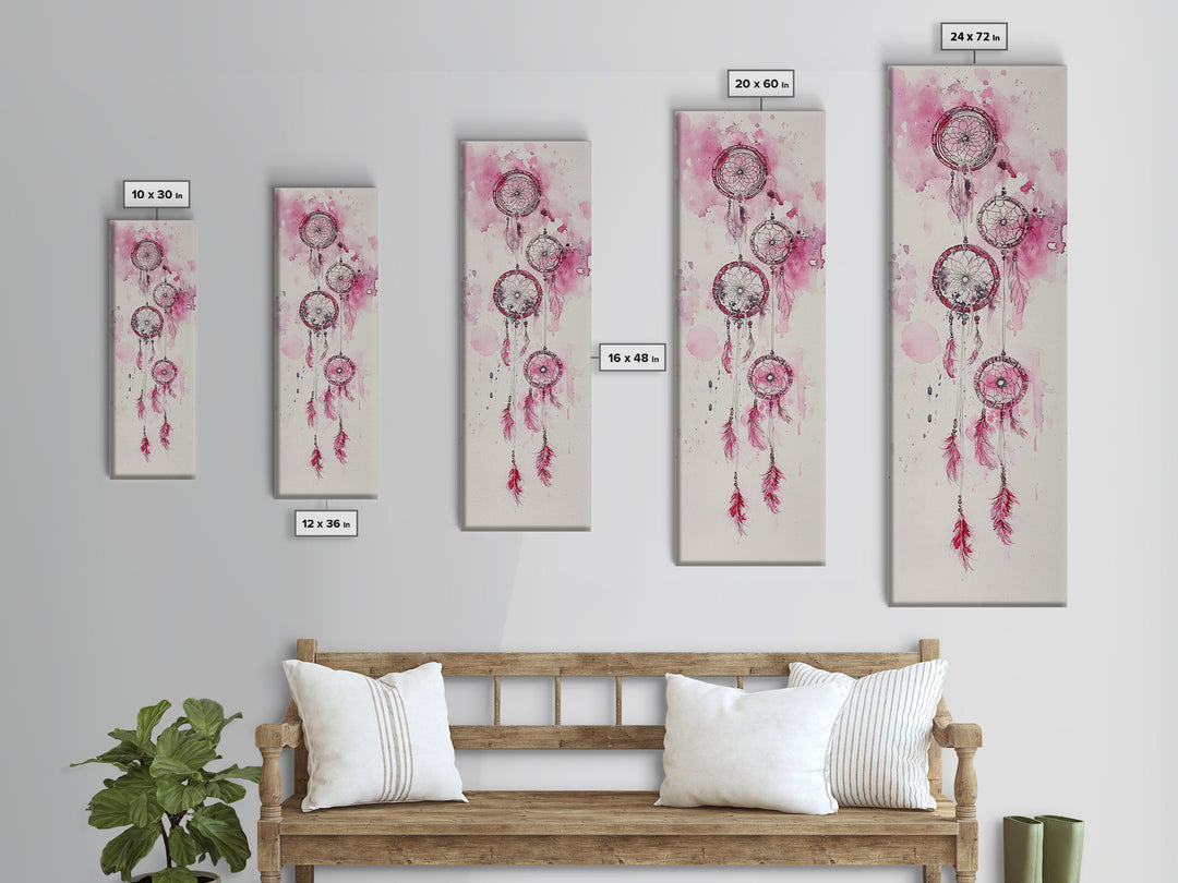 Dreamcatcher Pink Feathers Framed Canvas Print Boho Wall Art Minimalist Long Narrow Art Bedroom Decor Vertical Dorm Wall Art