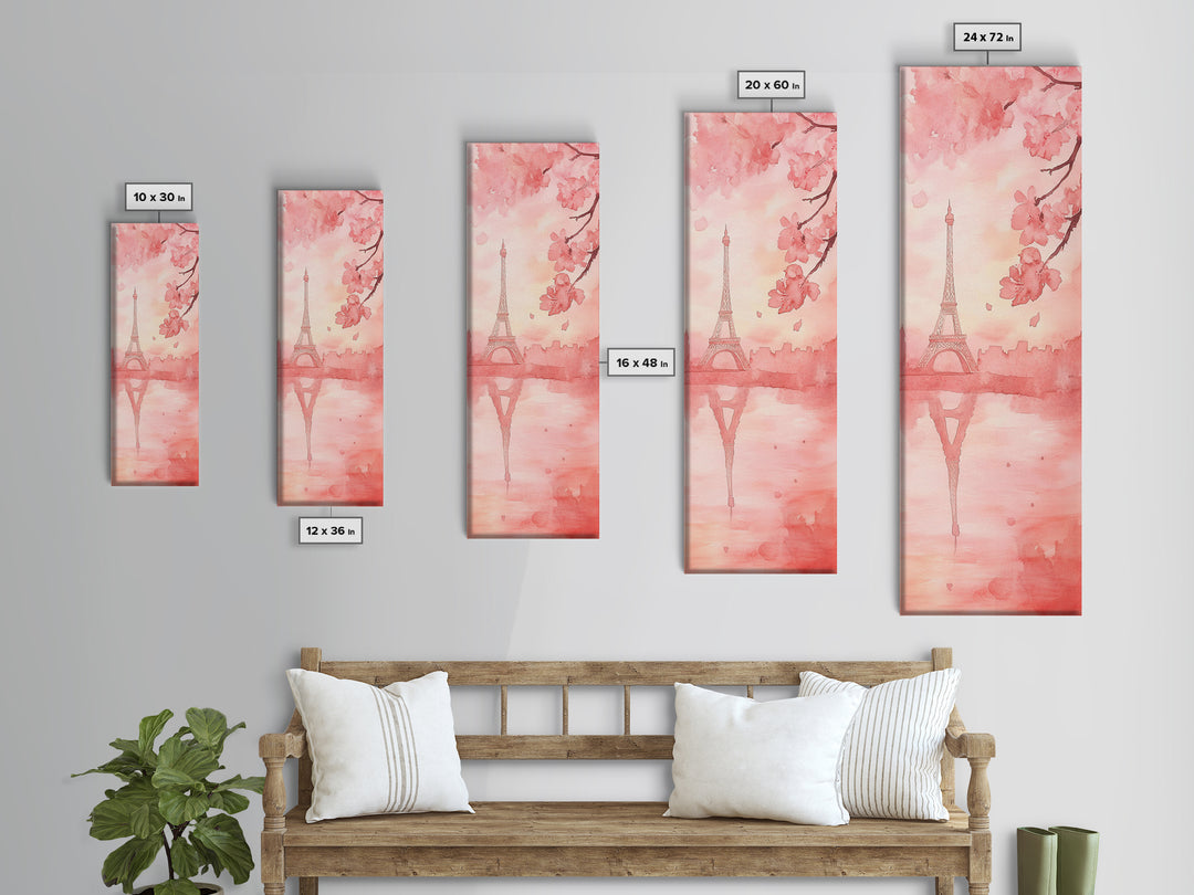 Eiffel Tower Reflection Pink Cherry Blossom Canvas Print Paris Wall Art Romantic Landscape Long Narrow Above Bed Vertical Art