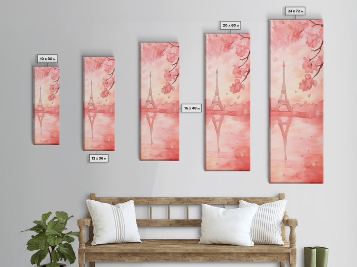 Eiffel Tower Reflection Pink Cherry Blossom Canvas Print Paris Wall Art Romantic Landscape Long Narrow Above Bed Vertical Art