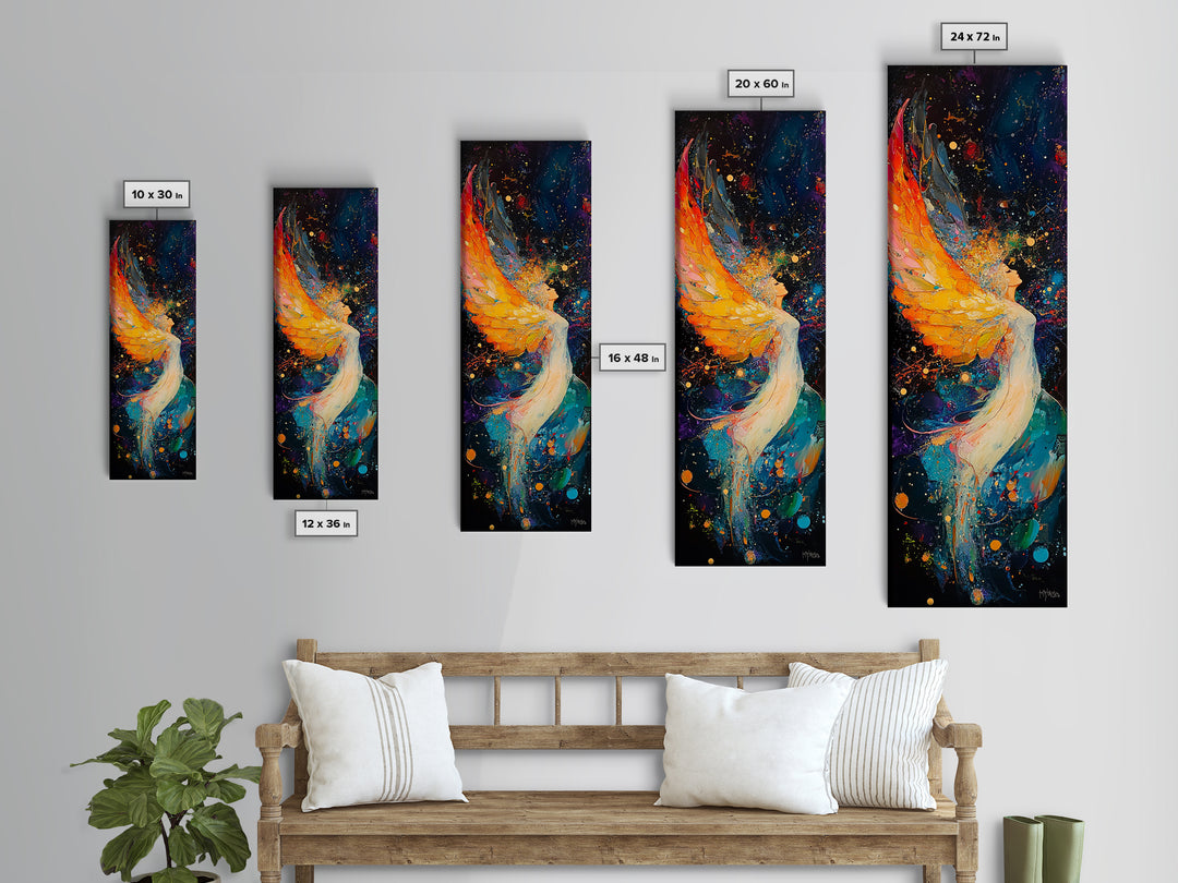 Abstract Angel Framed Canvas Print with Vibrant Colors, Phoenix Metal Art, Long Narrow Wall Art, Living Room Art, Vertical Wall Art