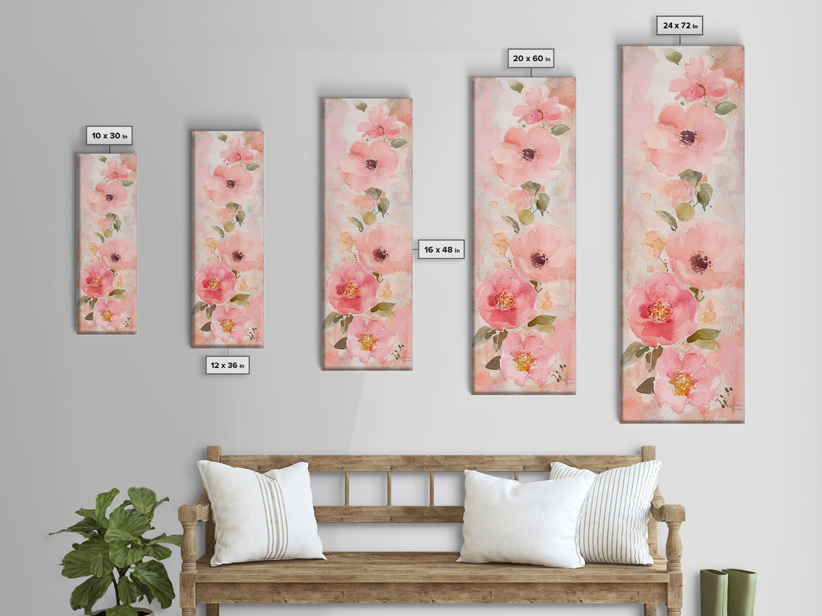 Delicate Floral Wildflower Framed Canvas Print Light Pink Botanical Prints Vertical Wall Art Tall Narrow Art Rustic Living Room Art
