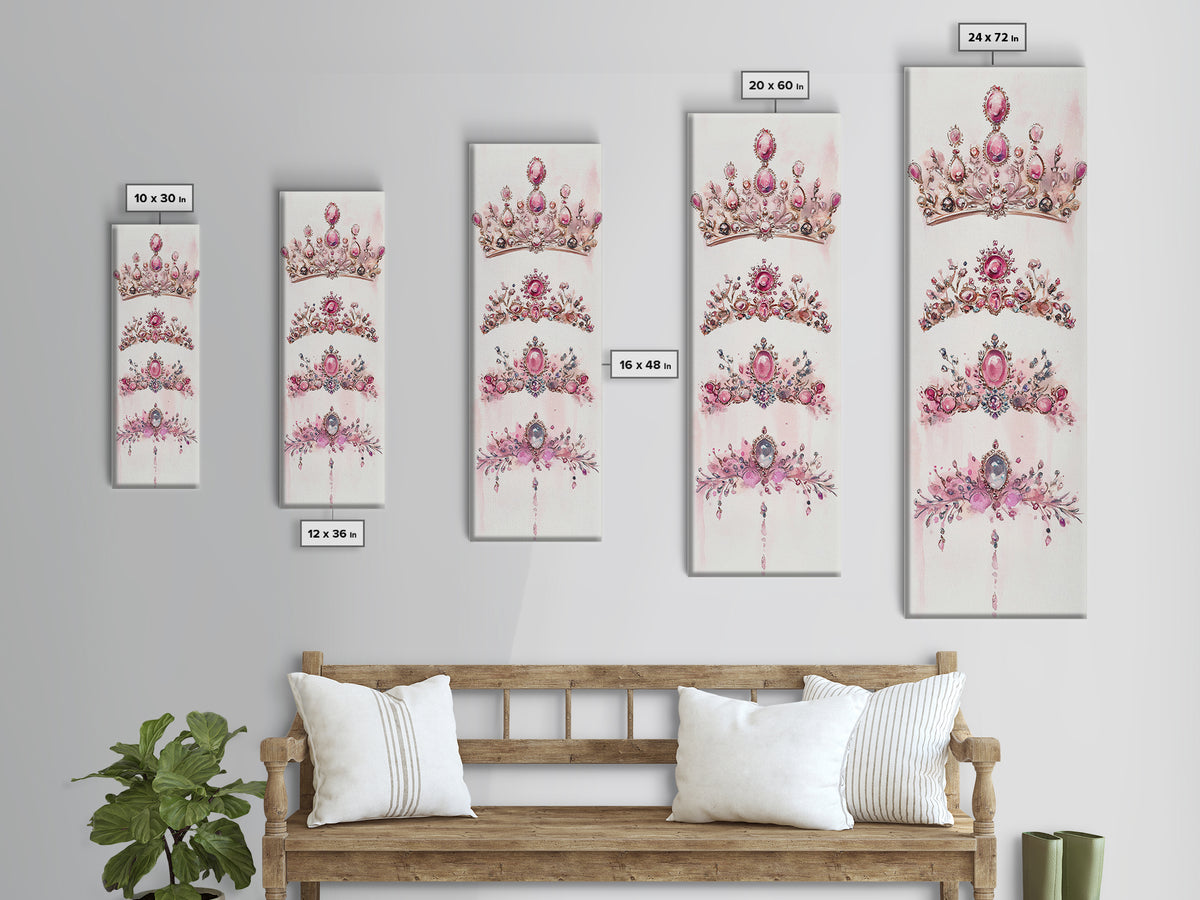 Royal Pink Tiara Framed Canvas Print Princess Gemstone Painting Feminine Wabi Sabi Art Vertical Wall Art Elegant Home Decor