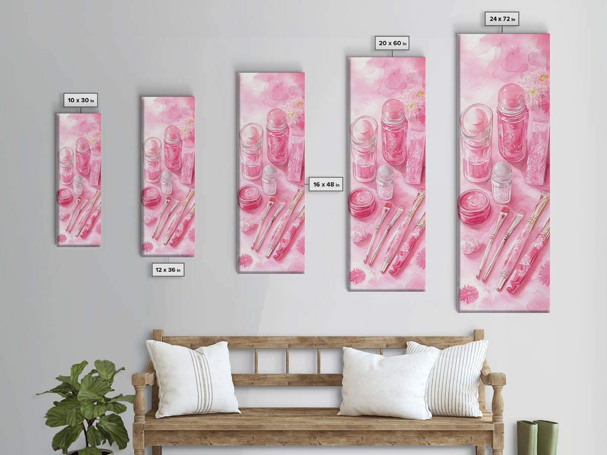 Pastel Pink Beauty Tools Canvas Print Feminine Wall Art Light Pink Bathroom Decor Makeup Lover Rustic Vertical Artwork Girly