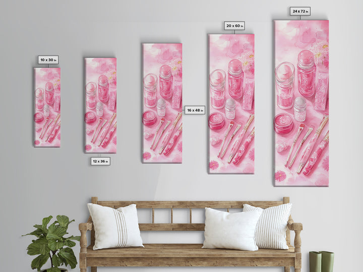 Pastel Pink Beauty Tools Canvas Print Feminine Wall Art Light Pink Bathroom Decor Makeup Lover Rustic Vertical Artwork Girly
