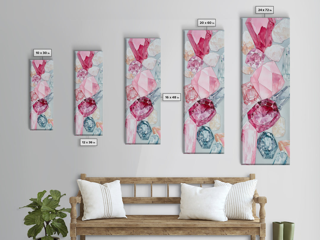Gemstone Watercolor Painting Framed Canvas Print, Whimsical Pink Abstract Wall Art, Geometric Skinny Vertical Bedroom Art