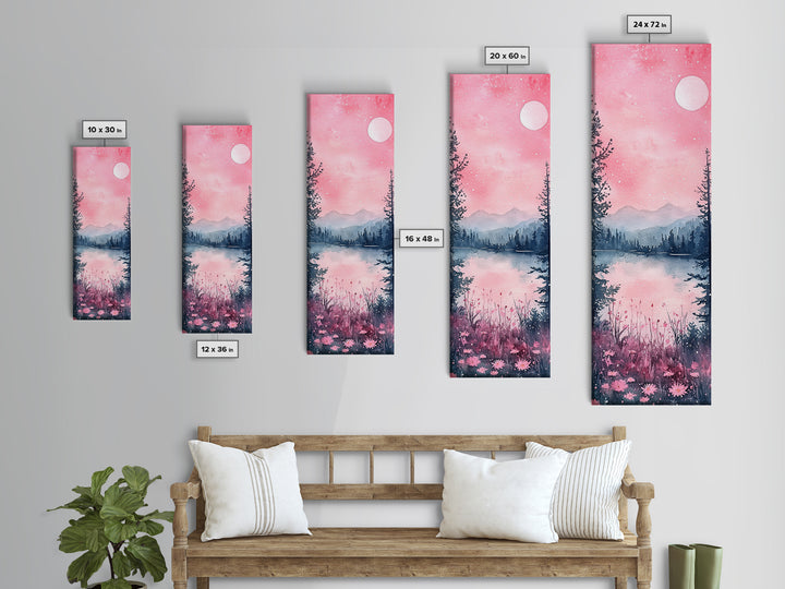 Moonlit Pink Forest Canvas Print, Moody Mountain Landscape Painting, Wildflower Rustic Vertical Wall Art, Cozy Living Room Decor
