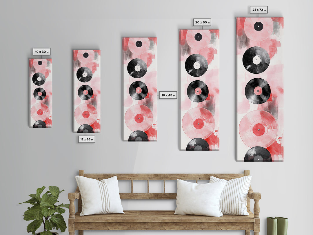 Abstract Vinyl Records Canvas Print, Retro Music Lover Wall Art, Light Pink Minimalist Art, Vertical Skinny Living Room Decor