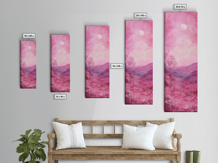 Mystical Pink Moon Framed Canvas Print with Wildflower and Mountain Painting Perfect Moody Landscape Art for Living Room