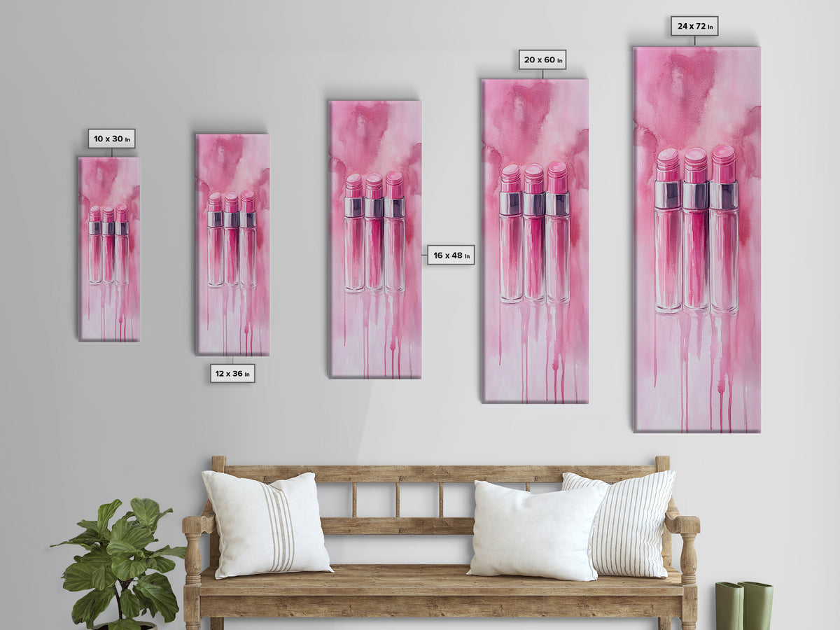 Glossy Pink Lipstick Trio Framed Canvas Print in Minimalist Vertical Wall Art for Fashion and Makeup Room Décor