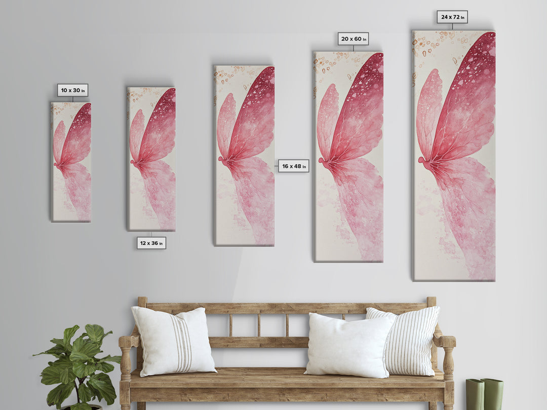 Pink Butterfly Whimsical Art Framed Canvas Print, Cherry Blossom Painting with Light Pink Abstract Style, Minimalist Vertical Wall Art