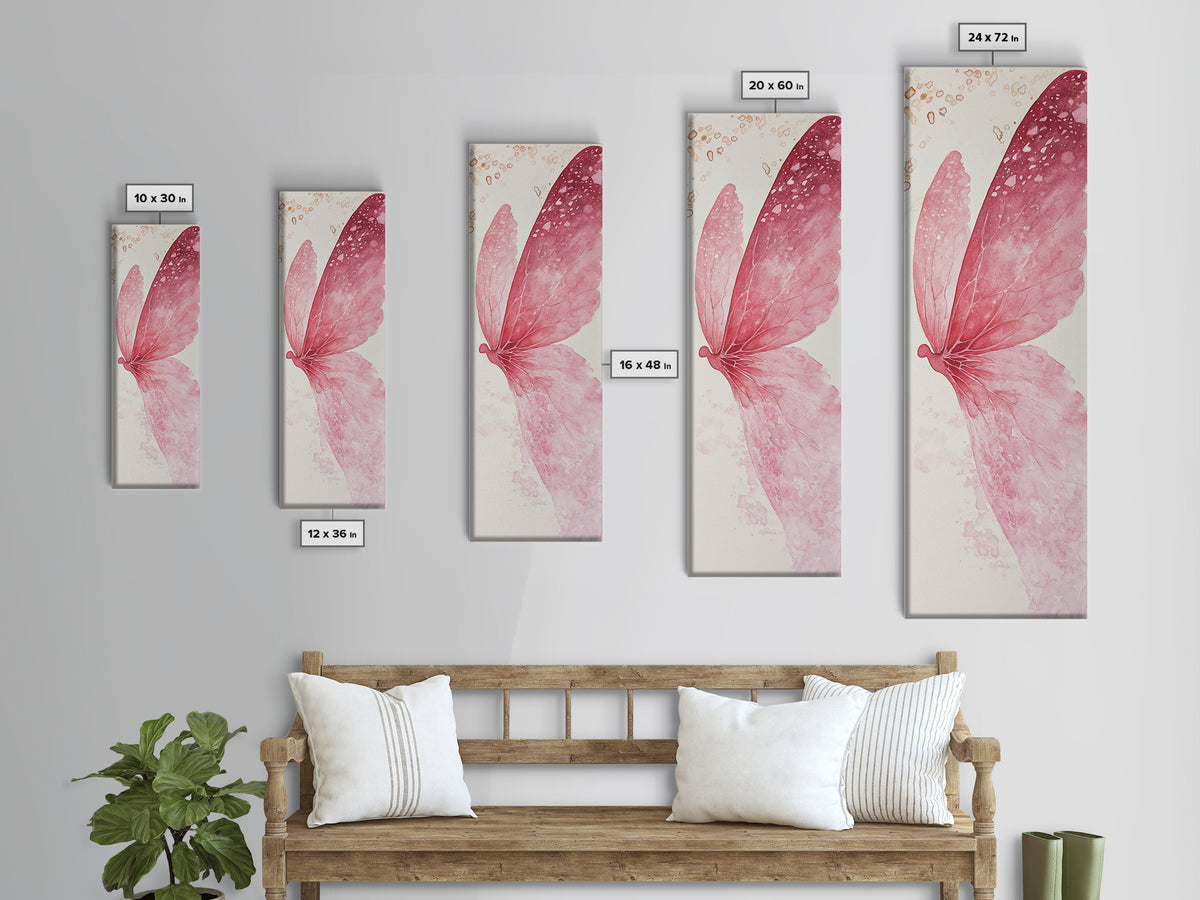 Pink Butterfly Whimsical Art Framed Canvas Print, Cherry Blossom Painting with Light Pink Abstract Style, Minimalist Vertical Wall Art