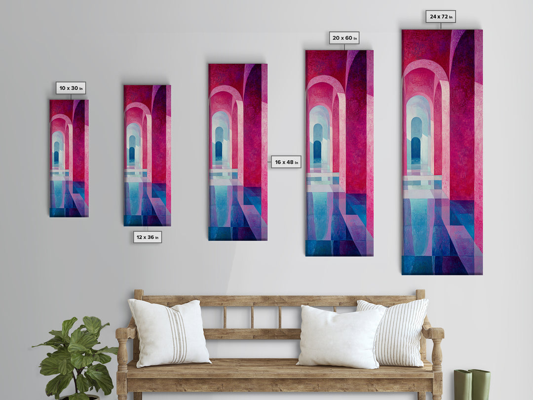 Geometric Archway Framed Canvas Print, Abstract Pink and Blue Whimsical Art, Skinny Vertical Wall Art for Modern Living Room Decor