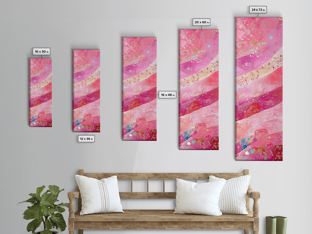 Pink and Gold Abstract Canvas Print, Whimsical Blotter Art with Metallic Accents, Vibrant Vertical Art for Bright and Creative Spaces