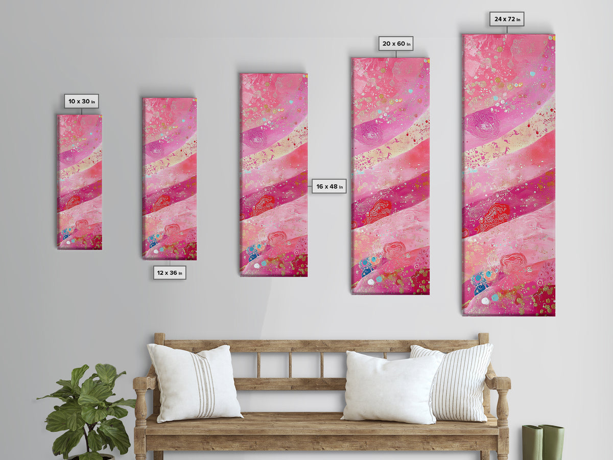 Pink and Gold Abstract Canvas Print, Whimsical Blotter Art with Metallic Accents, Vibrant Vertical Art for Bright and Creative Spaces