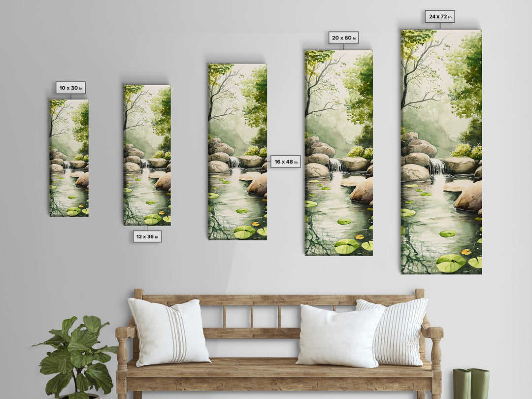 Tranquil Waterfall Scene Framed Canvas Print Green Wall Art Botanical Prints Vertical Landscape Art Above Bed Living Room Decor