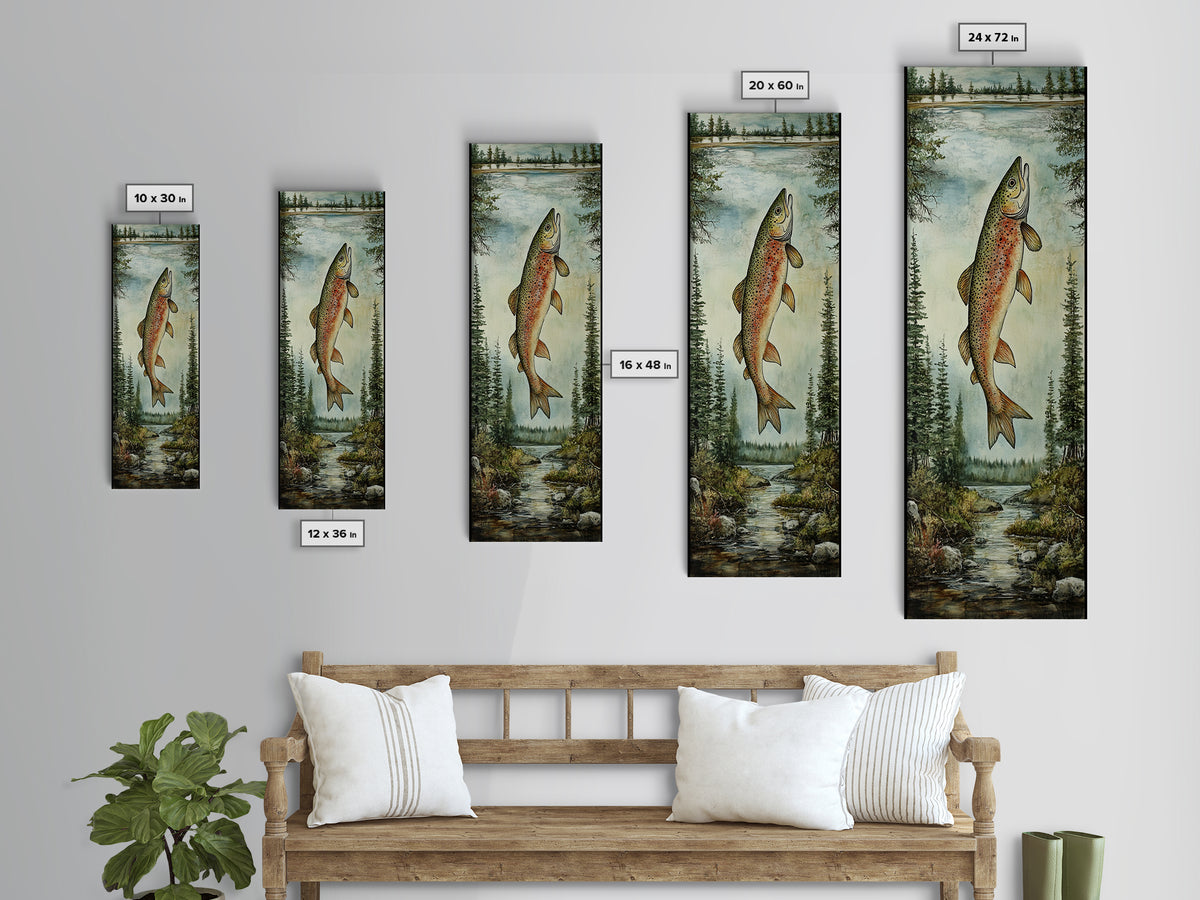 Trout In Mountain Scene Framed Canvas Print Rustic Landscape Art Fly Fishing Wall Art Skinny Wall Art Tall Vertical Decor