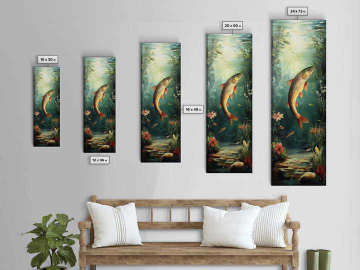 Underwater Trout Scene Canvas Print Rustic Wall Art Fly Fishing Art Wildflower Painting Skinny Art Vertical Rustic Decor