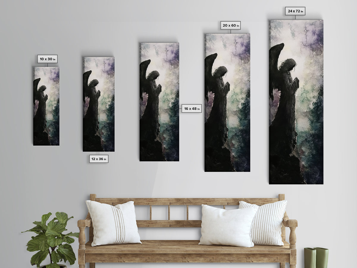 Praying Angel Silhouette Framed Canvas Print Angel Art Prints Gothic Wall Art Moody Art Vertical Living Room Spiritual Decor