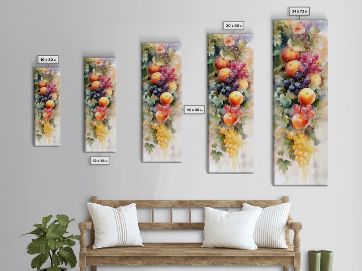 Vibrant Fruit Canvas Print with Grapes and Apples, Fall Rustic Kitchen Art, Farmhouse Vertical Living Room Wall Decor