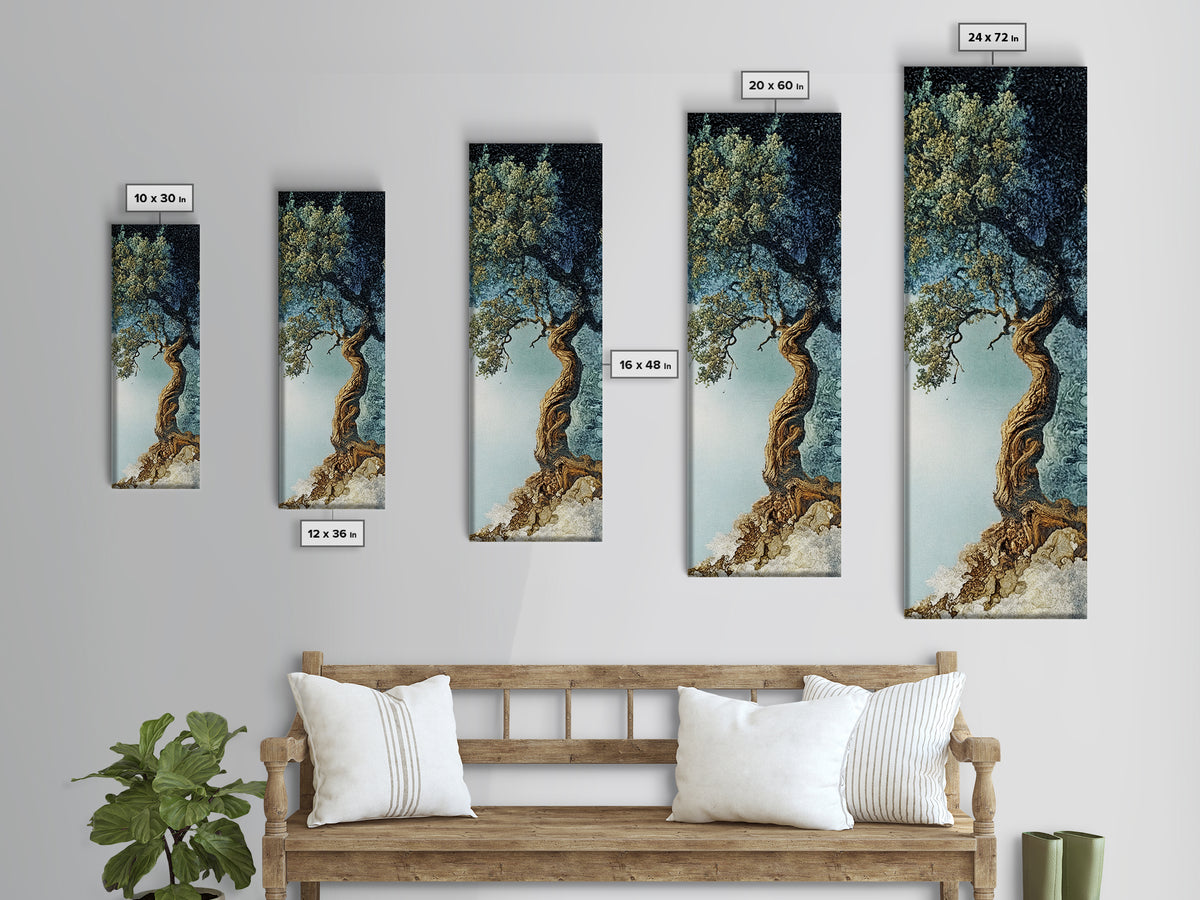 Detailed Oak Tree Framed Canvas Print in Textured Earth Tones, Tall Narrow Wall Art for Living Room or Bedroom Rustic Decor