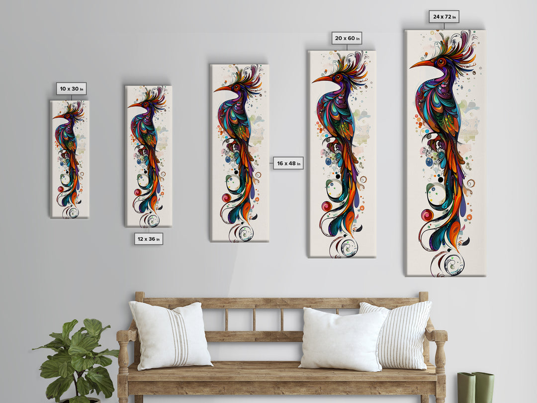Vibrant Peacock Art Canvas Print with Boho Decor Elements and Colorful Whimsical Art, Perfect Vertical Wall Art Gift Idea