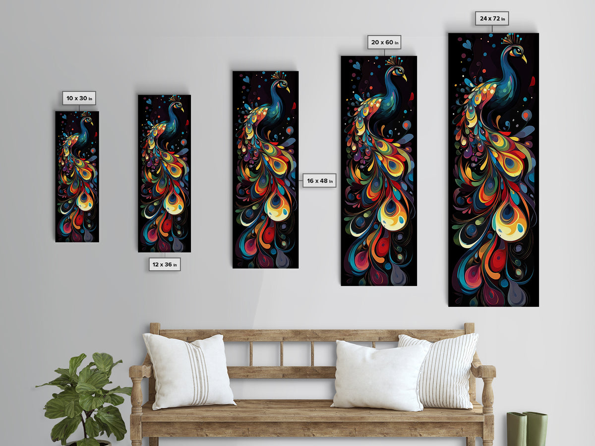 Dynamic Peacock Framed Canvas Print with Swirling Colors, Vibrant Bird Art Perfect Vertical Wall Art and Boho Home Decor Accent